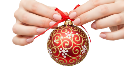 Woman carefully tying a red ribbon on a vibrant Christmas ornament