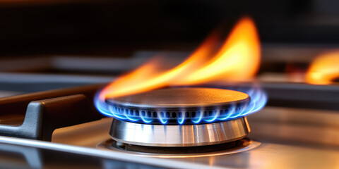 Clear blue flame burning cleanly on a gas stove burner with a touch of orange at the tips, symbolizing efficient energy, heating, household utility and modern kitchen appliances. Copy space