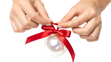 Woman carefully tying a red bow around a glass ornament