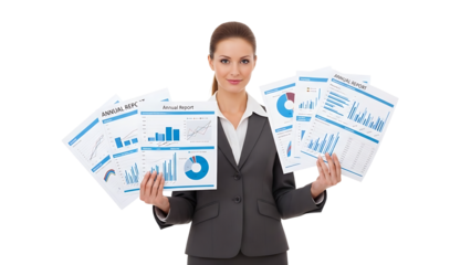 A businesswoman presenting financial reports with confidence and knowledge