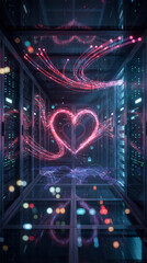 Futuristic Digital Love Concept with Glowing Data Heart Connection and Online Dating via Smartphones and Server Room
