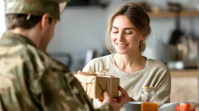 Soldier handing small gifts from front, modest smiles, kitchen table scene, warm soft shadows, quiet intimacy, blurred background with copy space