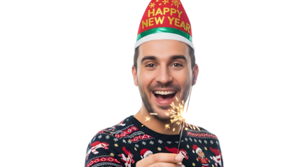 A man in a festive attire, happily celebrating the New Year with a sparkler