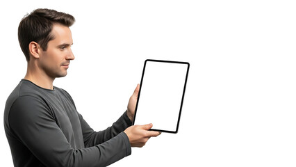 A man is holding a tablet with a blank screen, displaying technology at its finest. He seems focused and engaged, possibly showcasing the potential of a new app or device
