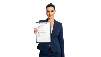 A business woman holding a checklist with a friendly smile