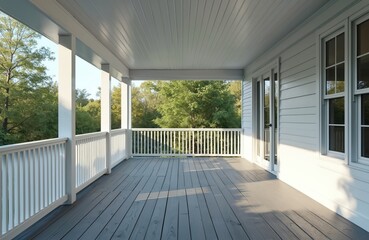 Fototapeta premium Modern house porch deck overlooks green trees, nature. Outdoor space features white railings, pillars, ceiling. Grey wooden floor receives natural sunlight. Clean, inviting exterior home living area,