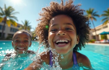 Two happy children splash in bright blue pool water under sunny sky. Boy and girl swim, play together, having fun on summer vacation day. Palm trees and building background.