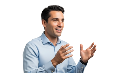 A businessman talking with his hands in a professional setting. The man is well-dressed and seems engaged in a presentation or discussion