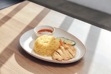 Chicken Rice.Nasi ayam.Hainanese Chicken Rice.Malaysian Chicken Rice Dish.Asian Chicken Rice Meal.Steamed Chicken with Rice.Roasted Chicken Rice Plate.Chicken Rice Food Photography.