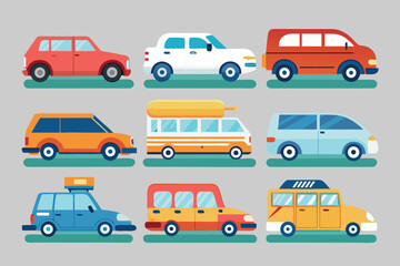 Naklejka premium Collection of colorful cartoon cars vans and buses transportation vehicles