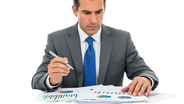 A focused businessperson reviewing financial data with a pen in hand. He's analyzing graphs and charts with a serious expression, likely making important decisions. - Powered by Adobe