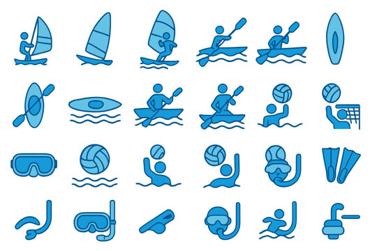 Icons of water sports showing various activities like kayaking, windsurfing, and snorkeling at a beach setting
