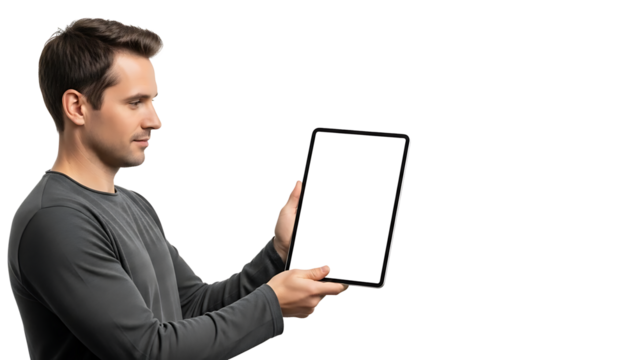 A man is holding a tablet with a blank screen, displaying technology at its finest. He seems focused and engaged, possibly showcasing the potential of a new app or device - Powered by Adobe