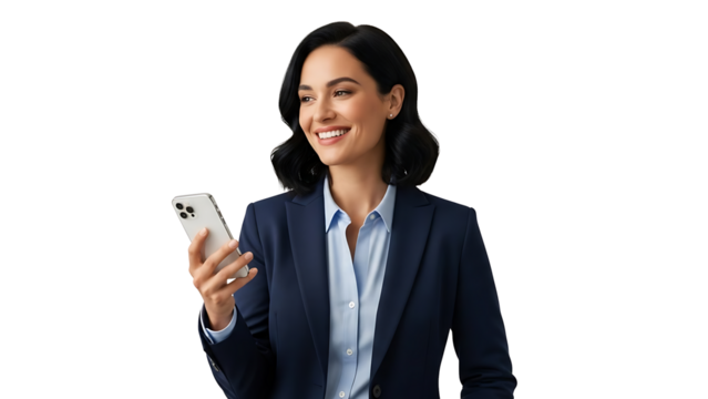 A professional woman looks at phone and smiles - Powered by Adobe