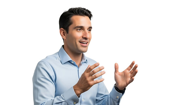 A businessman talking with his hands in a professional setting. The man is well-dressed and seems engaged in a presentation or discussion