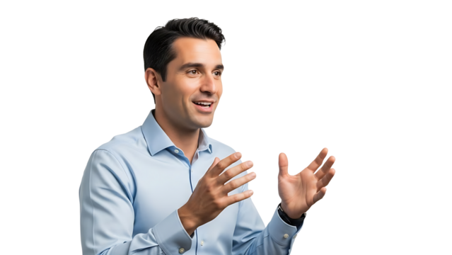 A businessman talking with his hands in a professional setting. The man is well-dressed and seems engaged in a presentation or discussion - Powered by Adobe