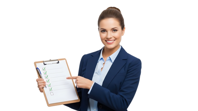 A cheerful businesswoman points to a clipboard with a checklist in her hand - Powered by Adobe