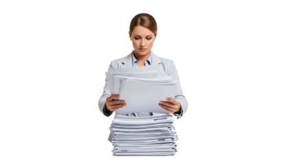 A businesswoman intently reviewing documents. A woman in a formal business suit carefully examines a pile of papers