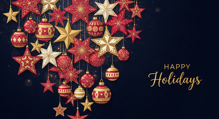Ornamental stars and bauble collection on dark backdrop, festive composition representing holiday season, celebration, and winter warmth for Christmas