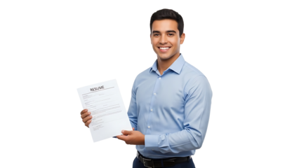 An employee happily holding a resume