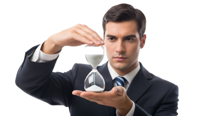 A serious looking man holding an hourglass in his hands, concept of time management