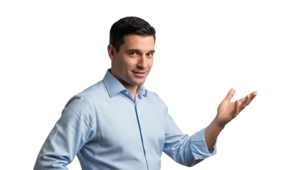 A man gestures with his hand, exuding confidence and approachability