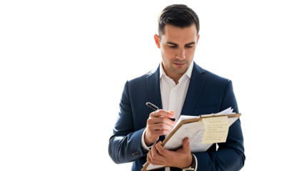 A focused individual takes notes on a clipboard in a professional setting