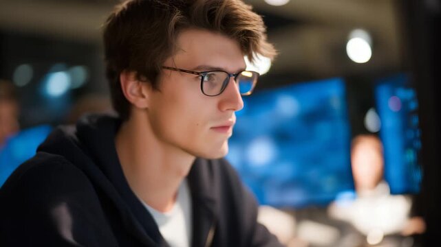 A programmer in a gaming studio debugging real-time gameplay code on multiple monitors, lines of script reflecting on their glasses &mdash; high-pressure development, game engine optimization, and core
