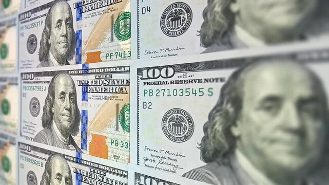 Gentle motion across blurred 100 dollar banknotes shaping an exclusive investment business atmosphere with a refined sense of financial cash flow and abstract money movement