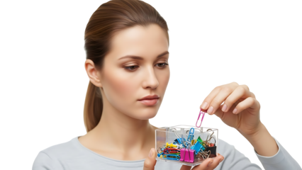 A woman carefully examines a colorful paper clip. She is holding a clear container filled with various office supplies