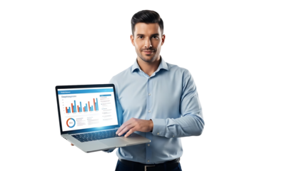 Business person presenting financial data analysis on a laptop