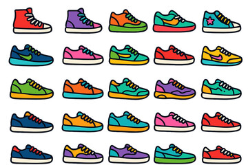 Various colorful shoes displayed in a grid pattern on a white background showing different designs and styles