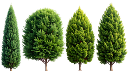 Four stylized evergreen trees of various shapes and sizes stand against a black background