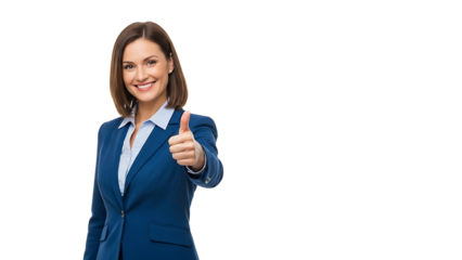 A professional woman confidently giving a thumbs-up gesture and smiling. She is wearing a blue business suit, appearing pleased with the result or approval.