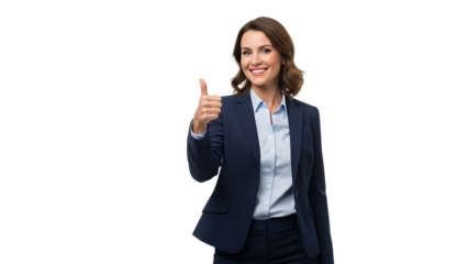 Smiling business woman gives a thumbs up, showing approval and success. She is wearing a professional suit, and her body language exudes confidence and positivity