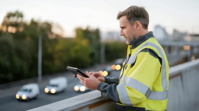 A structural engineer measuring stress distribution on a bridge beam using strain gauges, data flowing into a tablet as trucks pass overhead &mdash; civil engineering analysis, infrastructure safety