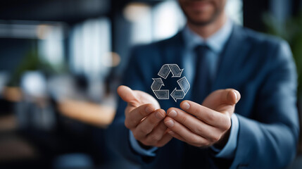 Faceless businessman hands holding circular economy icon sustainable strategy approach waste pollution elimination future business growth renewable material resources