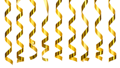 Several golden, curling streamers against a stark black backdrop. They appear celebratory