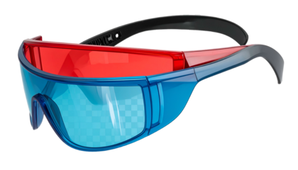 Close-up of 3D glasses with red and blue lenses, black band, angled on black