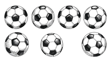 Several hand-drawn, black and white soccer balls in different orientations on a black background