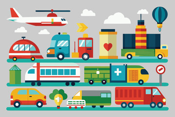 Naklejka premium Colorful transportation icons vehicles collection flat design illustration graphic