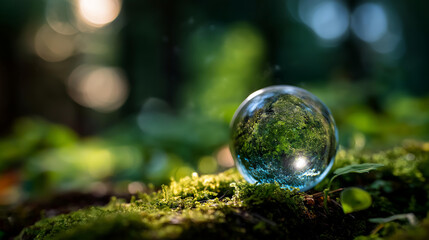 Crystal globe glass on green forest surface sustainable development concept green business visualization circular economy supply chain renewable energy carbon emission