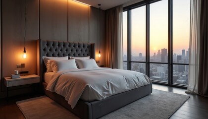 Modern bedroom features plush bed with linen sheets, large window view of city skyline at sunset. Elegant interior design with warm lighting creates peaceful, luxurious, comfortable atmosphere for