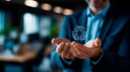 Faceless businessman hands holding circular economy icon economic system visualization waste minimization concept resource efficiency maximization sustainable strategy
