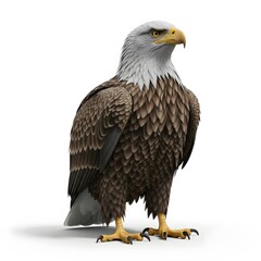 Naklejka premium Majestic bald eagle standing on white background, powerful bird of prey with striking yellow beak and keen eyes, symbol of freedom