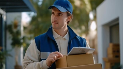 A delivery worker balancing multiple parcels in hand while scanning a barcode at a customer’s doorstep — last-mile delivery efficiency, modern logistics, and everyday worker agility. cinematic