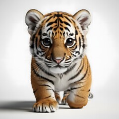 Fototapeta premium Adorable baby tiger cub with bright eyes and black stripes, walking forward on a clean white background, fluffy orange fur