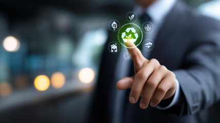 Faceless businessman hand selecting circular economy icon virtual screen interface sustainability concept visualization eco friendly business innovation carbon footprint