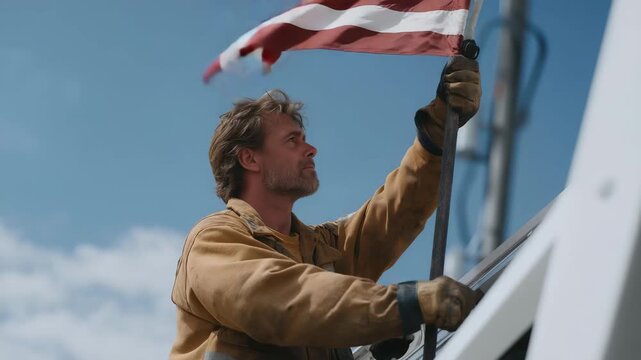 A firefighter raising a weathered flag atop a fire truck after a grueling shift, soot still marking their uniform as a symbol of resilience, duty, and unwavering patriotic commitment. cinematic