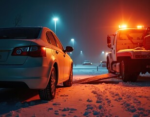 Broken car loaded onto tow truck at snowy parking lot at night. Roadside help vehicle with flashing lights aids stranded driver. Winter car recovery service.